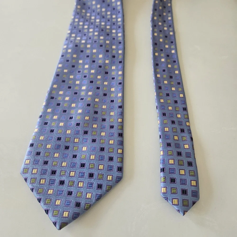 Harold Powell Tie Mens Silk Geometric Square Gold & Blue Made In Italy 58x4 inch